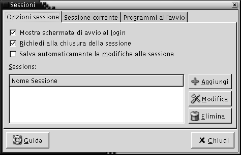 Scheda "Opzioni sessione" della finestra di preferenze per le sessioni. Il contesto descrive l'immagine.