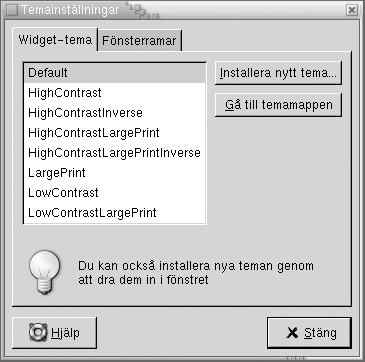 Inställningsverktyget Tema med flikar för widgettema. Sammanhanget beskriver bilden.