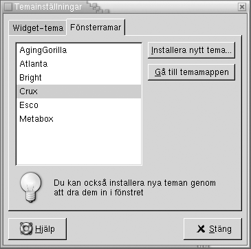 Inställningsverktyget Tema med flikar för fönsterramar. Sammanhanget beskriver bilden.