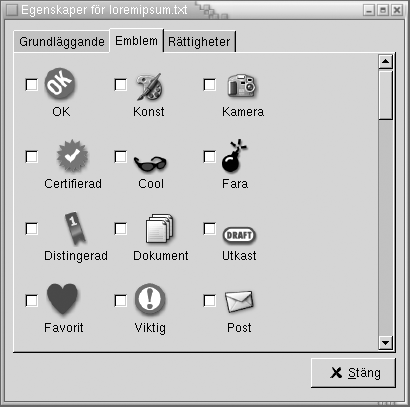 Dialogfönstret Egenskaper med fliken Emblem. Innehåller flera kryssrutor för emblem.