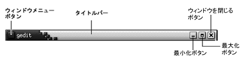 ウィンドウのタイトルバーを示しています。図中の説明: ウィンドウメニューボタン、タイトルバー、最小化ボタン、最大化ボタン、ウィンドウを閉じるボタン