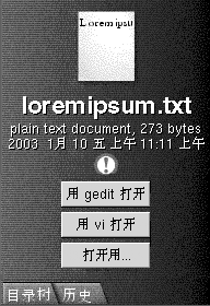 侧窗格。其中包含：文件图标、文件信息、文件标志、&amp;amp;ldquo;用 gedit 打开&amp;amp;rdquo;、&amp;amp;ldquo;打开方式&amp;amp;rdquo;按钮和选项卡。