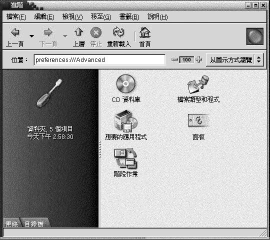 Nautilus 的桌面個人喜好進階部分。檢視窗格內含 CD 資料庫、檔案類型及程式、面板、喜好的應用程式、工作時段圖示。