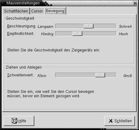 Einstellungstool "Maus", Registerabschnitt "Bewegung". Enthält: Schieberegler "Beschleunigung", "Empfindlichkeit", "Schwellenwert".