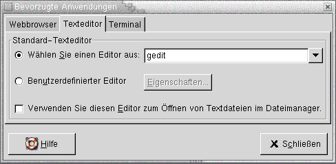 Einstellungstool "Bevorzugte Anwendungen", Registerabschnitt "Texteditor". Die Grafik ist selbsterklärend.