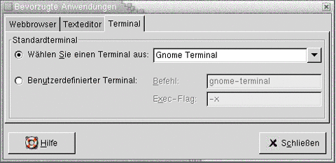 Einstellungstool "Bevorzugte Anwendungen", Registerabschnitt "Terminal". Die Grafik ist selbsterklärend.