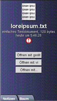 Seitenfenster. Enthält: Dateisymbol, Dateiinformationen, Dateiemblem, Öffnen mit gedit, Öffnen mit Schaltflächen, Register.