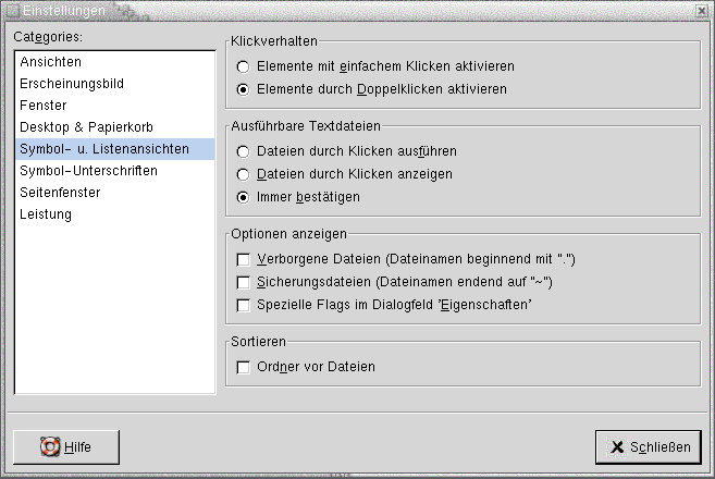 Einstellungen-Dialogfeld und Abschnitt Symbol- und Listenansichten. Die Grafik ist selbsterklärend.