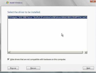 HBA option selection of LSI Adapter, SAS2 2008 Falcon-Star Port driver to be installed dialog.