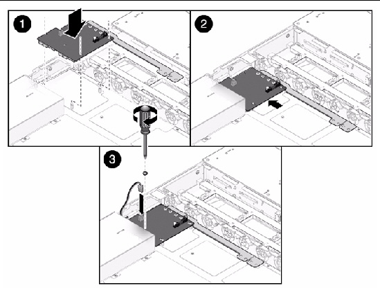 Figure showing how to install the power distribution board (Sun Fire X4170 M2 Server).