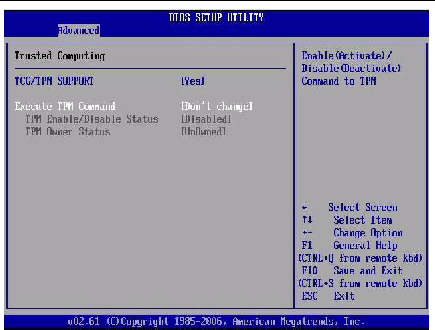 Graphic showing Trusted Computing dialog with TCG/TPM support enable.