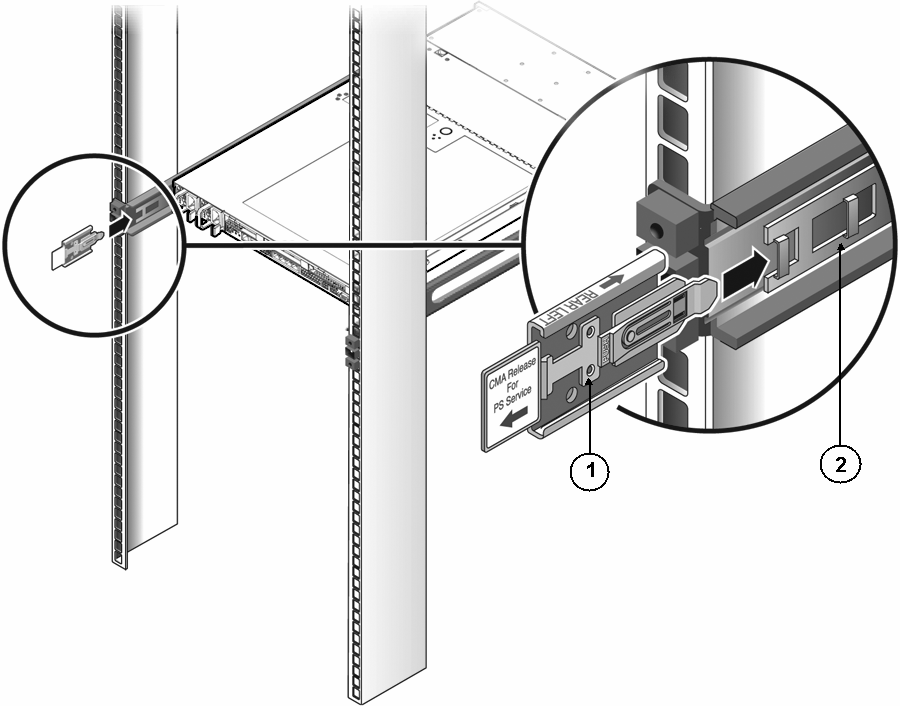 image:Graphic showing the CMA rail extension being inserted into the back of the left slide-rail.