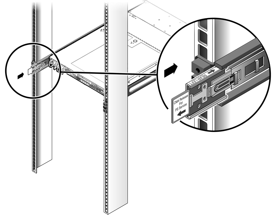 image:Graphic showing close-up view of CMA rail extension engaging with the rail assembly.