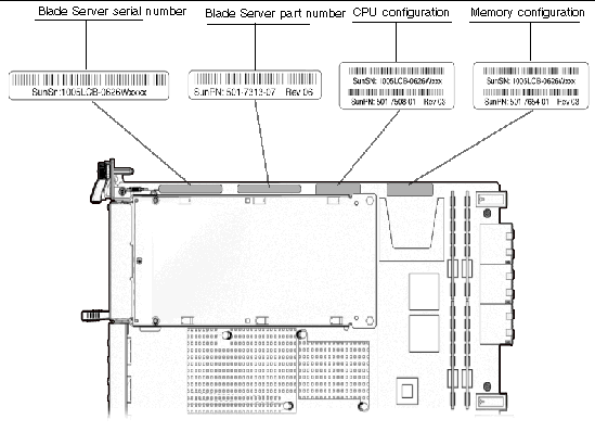 Figure showing the location of the barcode labels on a typical Netra CP2300 blade server.