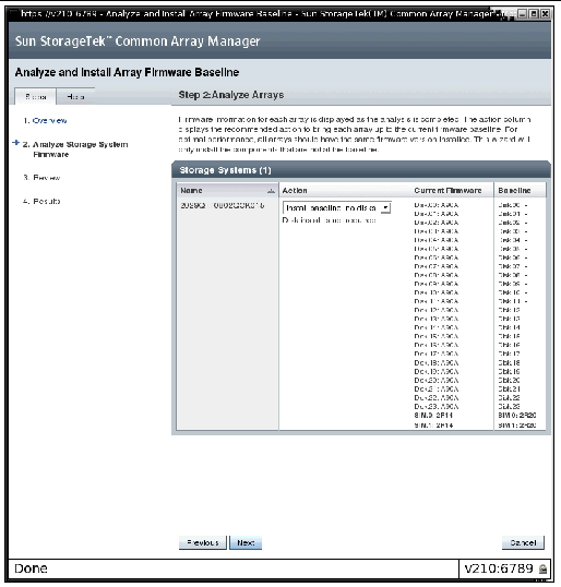 Step 2 of the Analyze and Install Array Firmware Baseline wizard compares the current firmware to the firmware baseline for this release.