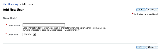 Common Array Manager Add New User page where you can add a user name and assign a user role.