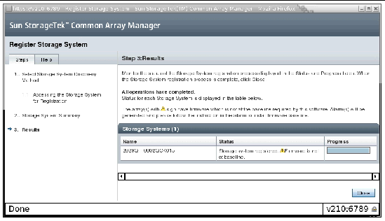 The Results page shows whether the array was successfully registered with the software.