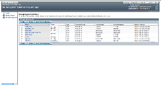 The Storage System Summary page. Click the checkbox of the array you want to upgrade to the firmware baseline.
