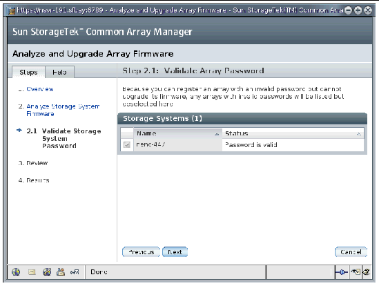Step 2.1 of the Analyze and Install Array Firmware Baseline wizard validates the array password.