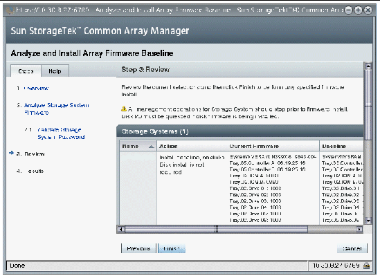 Step 3 of the Analyze and Install Array Firmware Baseline wizard compares the current firmware to the firmware baseline for this release.