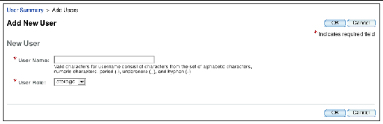 Common Array Manager Add New User page where you can add a user name and assign a user role.
