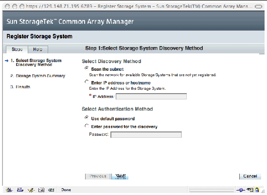 &nbsp;The Register Storage System wizard is displayed to select the storage system discovery method you want to use and click Next.