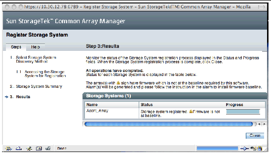 The Results page shows whether the array was successfully registered with the software.