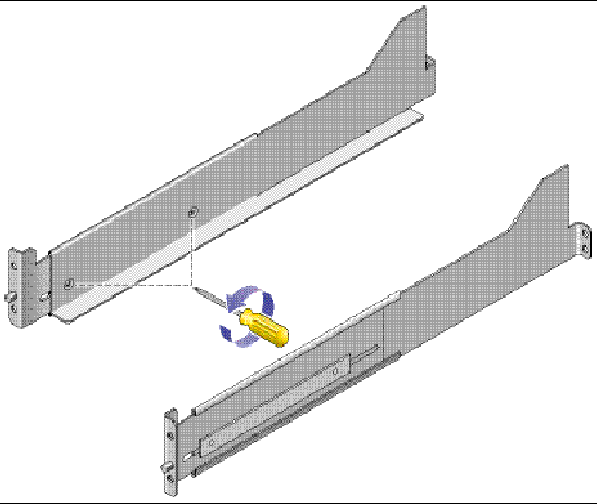  Figure showing location of rail adjusting screws located toward the back of the mounting rail.
