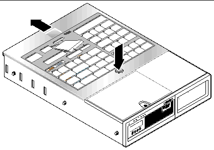 Removing the top cover by pressing the release button and sliding the cover to the rear.