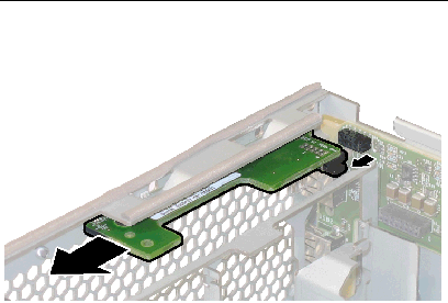 Pushing the front panel indicator board toward the chassis center to disengage it from the front I/O board connector.