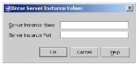 Enter Server Instance Values dialog box with no values for Server Instance Name and Server Instance Port. Buttons are OK, Cancel, and Help.