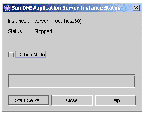 Sun ONE Application Server Instance Status window. Buttons are Start Server, Close, and Help.