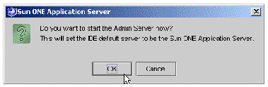 Sun ONE Application Server dialog box for starting the Admin Server. Buttons are OK and Cancel.