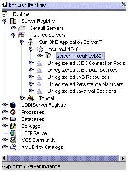 Runtime tab of Explorer showing expanded localhost:4848 (default admin server instance) under Sun ONE Application Server 7 node. Server1(localhost:80) is the application server instance.