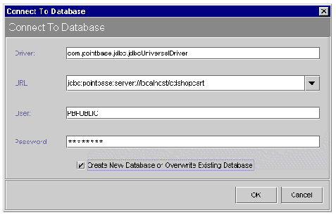 PointBase's Connect To Database dialog box showing the example values entered.