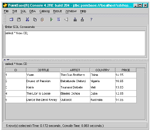 PointBase console showing the example select statement as input and the CD table and its data as output.