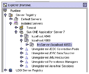 Segment of Runtime tab of the Explorer window showing new application server node is MyServer(localhost:82).