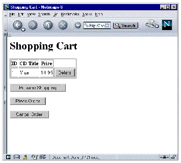 Shopping Cart page in a web browser showing a table with a single CD record and its Delete button. Other buttons are for user actions.