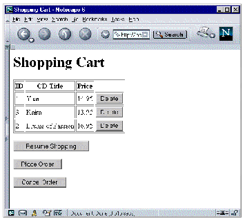 Shopping Cart page in a web browser showing a table of three selected CD records plus their Delete buttons. Other buttons shown for user actions.