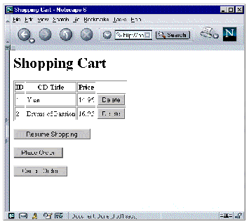 Shopping Cart page in a web browser showing a table of two selected CD records and their Delete buttons. Other buttons shown for user actions.