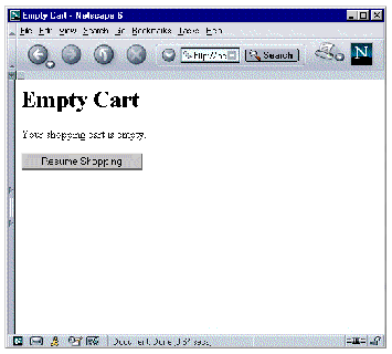 Empty Cart page in a web browser showing a message saying the shopping cart is empty and a Resume Shopping button.