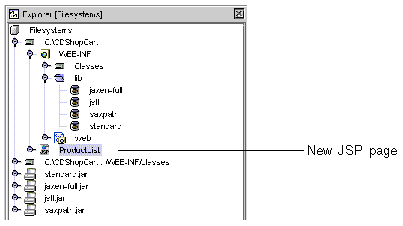 Explorer window showing ProductList JSP page under the CDShopCart node.