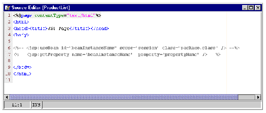 Source Editor showing default JSP page code.