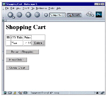 Shopping Cart page in a web browser showing a table with a single CD record and its Delete button. Other buttons are for user actions.