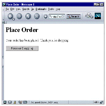 Place Order page in a web browser showing a message saying the order has been placed, thank you for shopping, and Resume Shopping button.