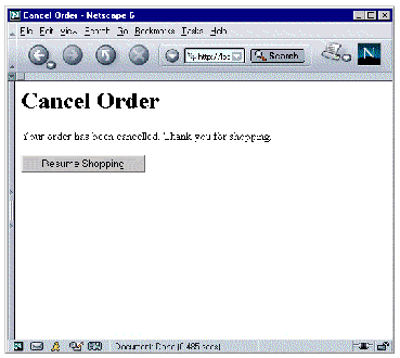 Cancel Order page in a web browser showing a message saying the order has been canceled; thank you for shopping, and a Resume Shopping button.