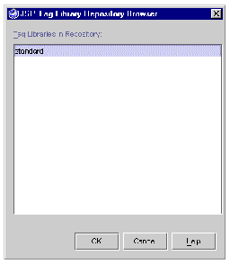 JSP Tag Library Browser dialog box showing the standard library. Buttons are OK, Cancel, and Help.