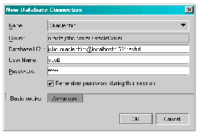 Basic Editing tab of the New Database Connection dialog box showing tutorial values. Buttons are OK and Connect. 