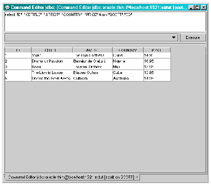 The Sun ONE Studio 5 Command Editor window displaying the input SQL statement and the table date.