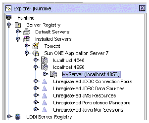 Segment of Runtime tab of the Explorer window showing new application server node is MyServer(localhost:4855).
